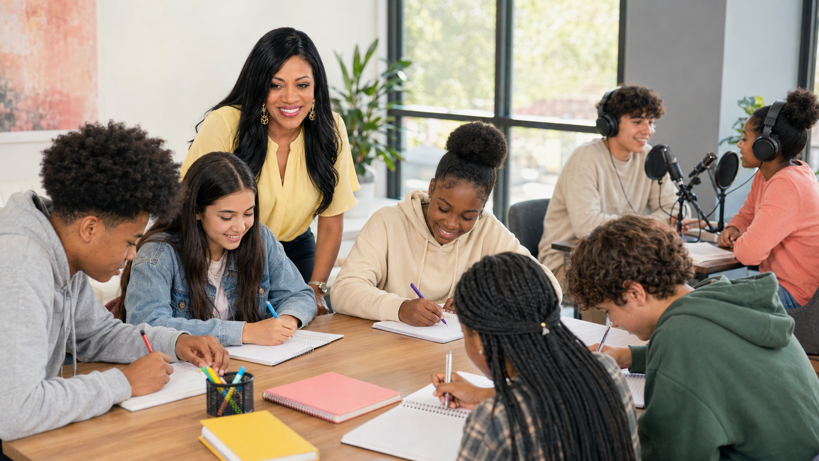 Marsha guiding young people in creative writing and microphone practice